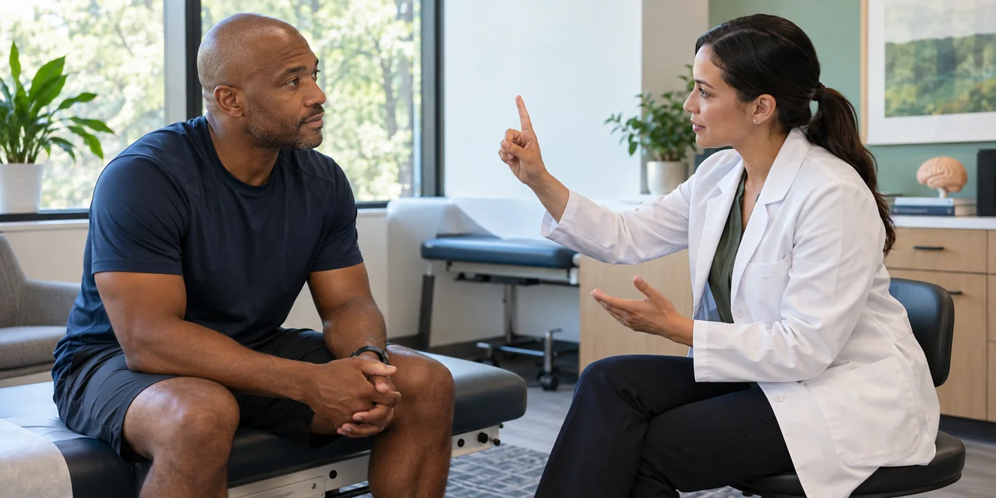 Illustration of an adult former athlete speaking with a clinician during a neurological evaluation