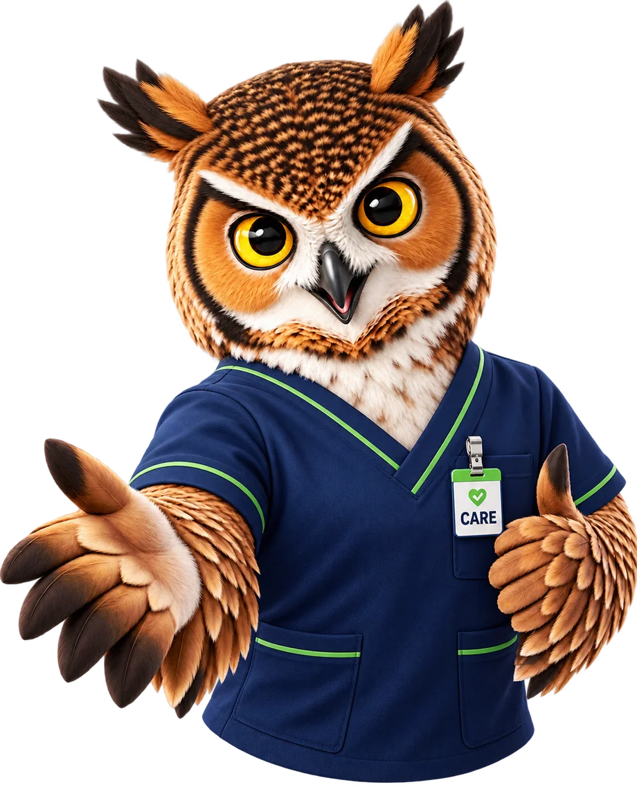 OG, the CoachChecK owl, wearing navy nurse scrubs and a CARE badge
