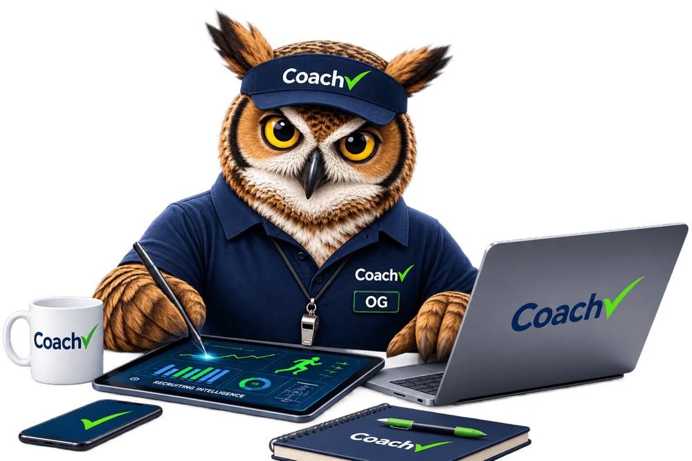 OG the CoachChecK owl reviewing a football scheme and recruiting notes.