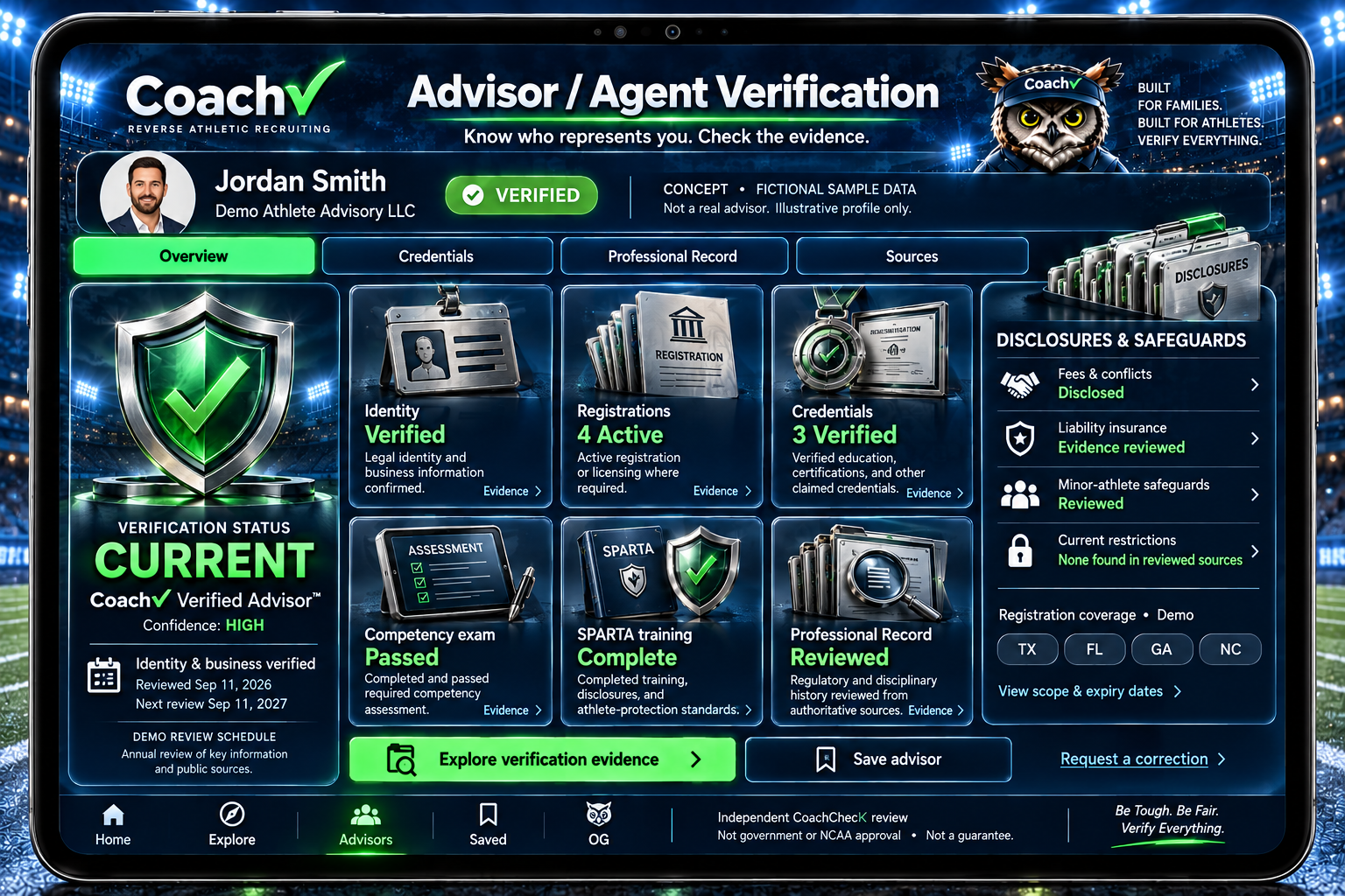 Approved Advisor / Agent Verification product mockup using sample data.