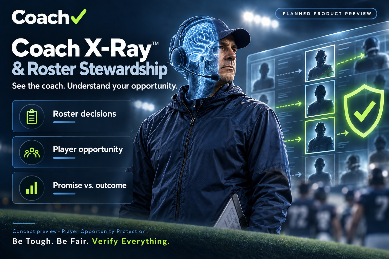Approved Coach X-Ray™ and Roster Stewardship™ planned product preview showing roster decisions, player opportunity, and promise-versus-outcome context.