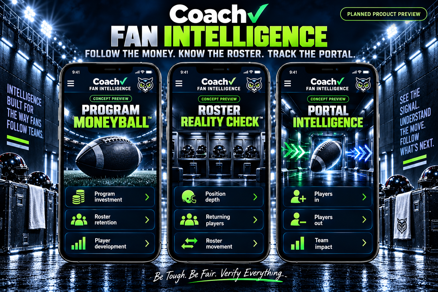 Approved Fan Intelligence planned product preview showing Program Moneyball™, Roster Reality Check™, and Portal Intelligence concepts.
