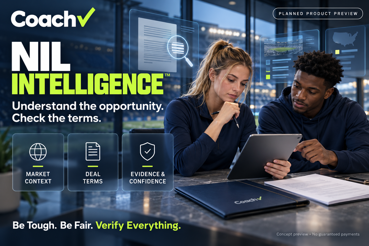 Approved NIL Intelligence™ planned product preview showing market context, deal terms, and evidence confidence.