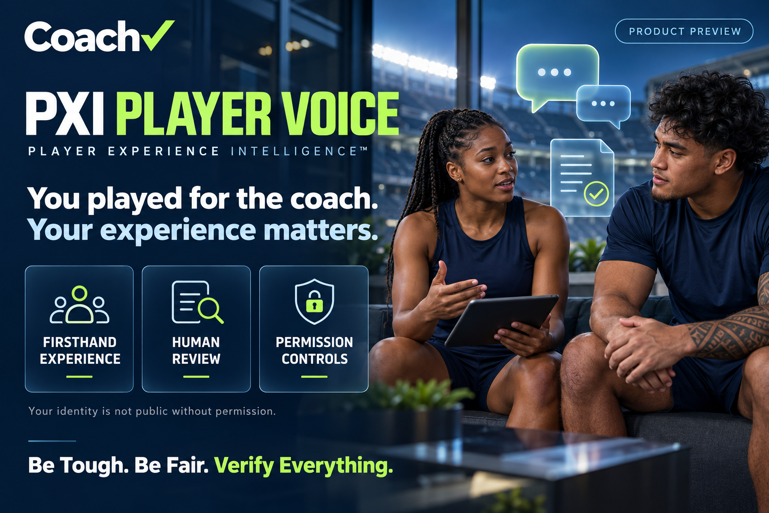 Approved PXI Player Voice planned product preview showing firsthand experience, human review, and permission controls.