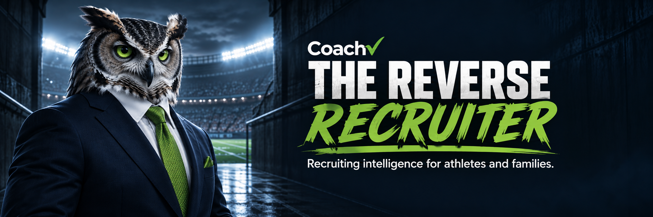 OG, the CoachChecK owl, standing in a stadium tunnel beside The Reverse Recruiter title.