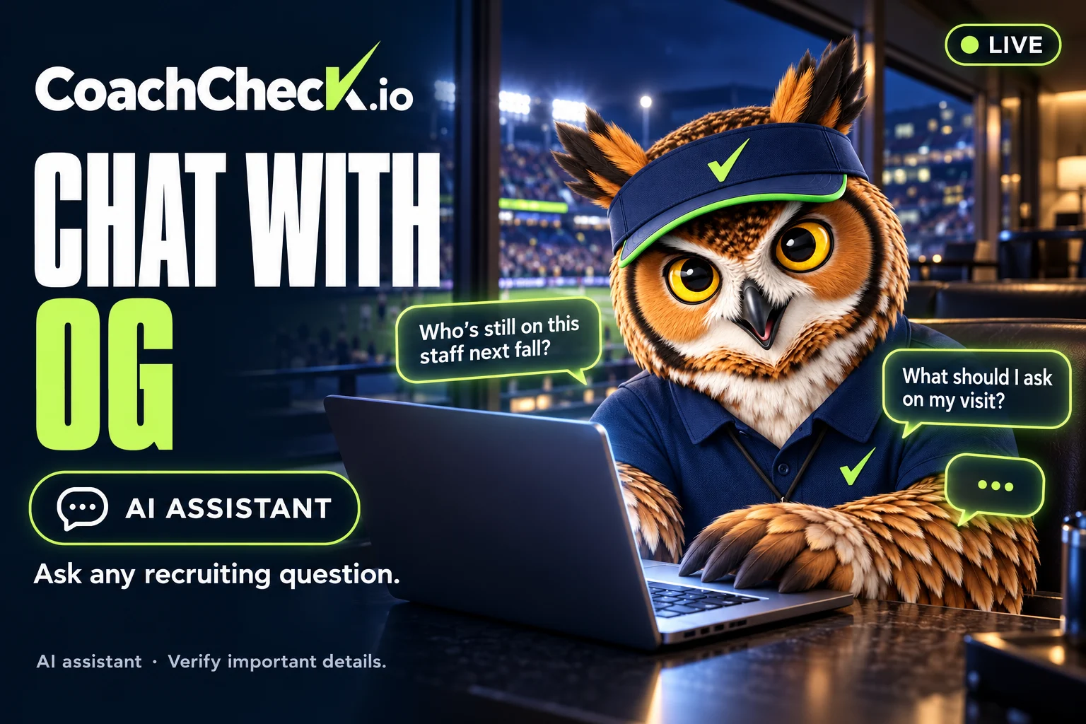 Chat with OG: the CoachChecK owl answers recruiting questions at a laptop. AI assistant; verify important details.
