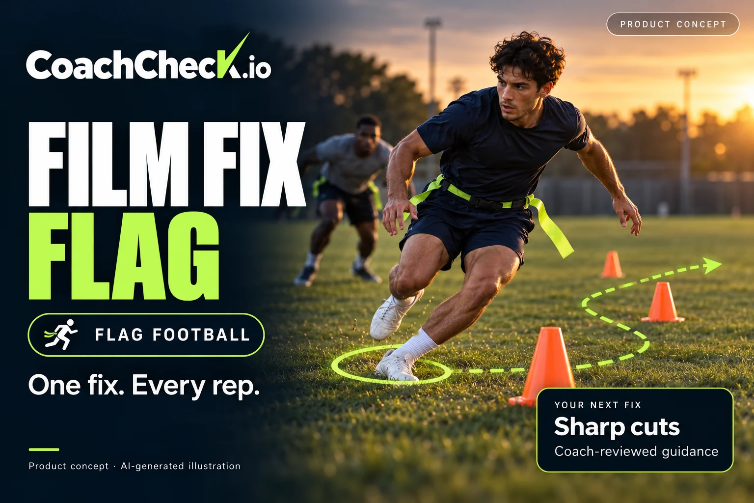 Film Fix Flag concept: a flag football player cuts around cones; your next fix, sharp cuts, coach-reviewed.
