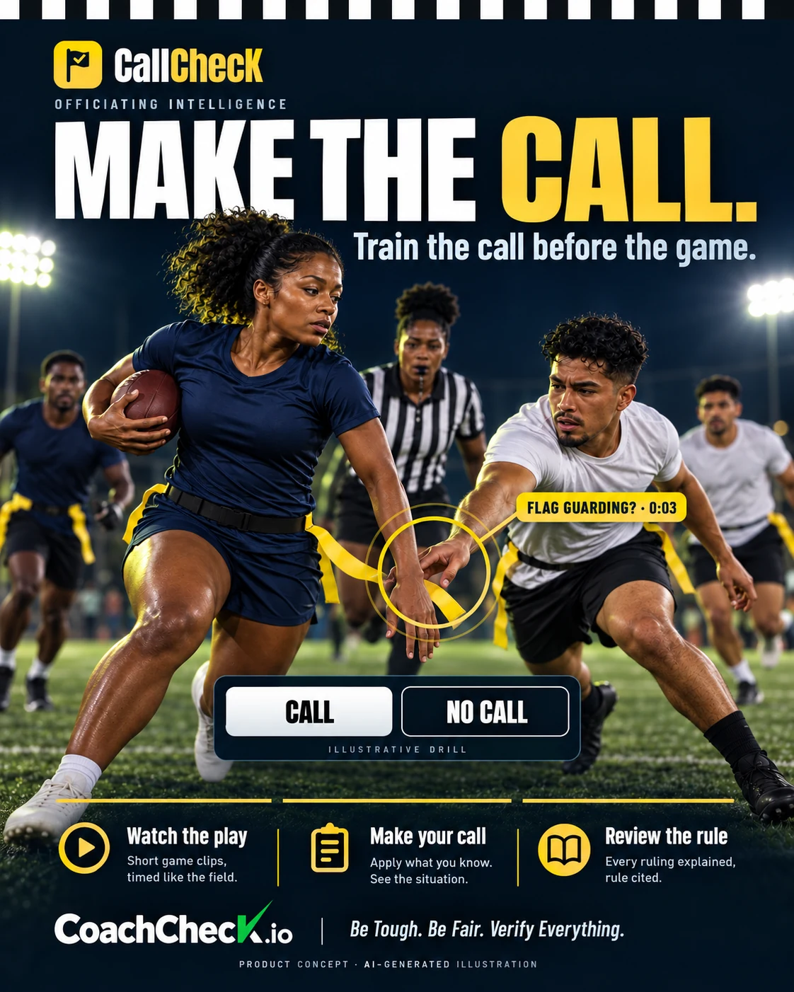 CallChecK flyer: Make the call. Train the call before the game. Watch the play, make your call, review the rule.