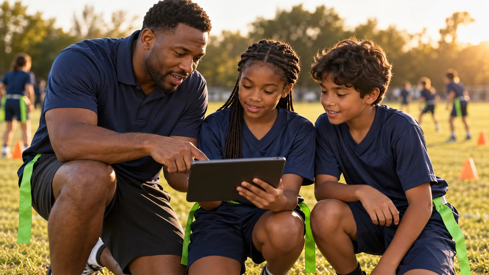 Youth flag coach reviewing a player's clip on a tablet