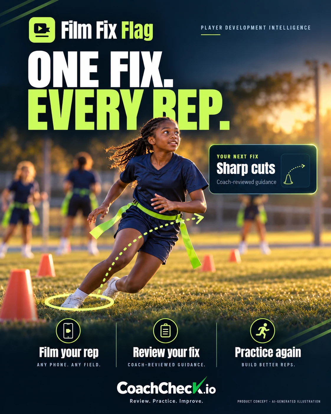 Film Fix Flag flyer: One fix. Every rep. Film your rep, review your fix, practice again.