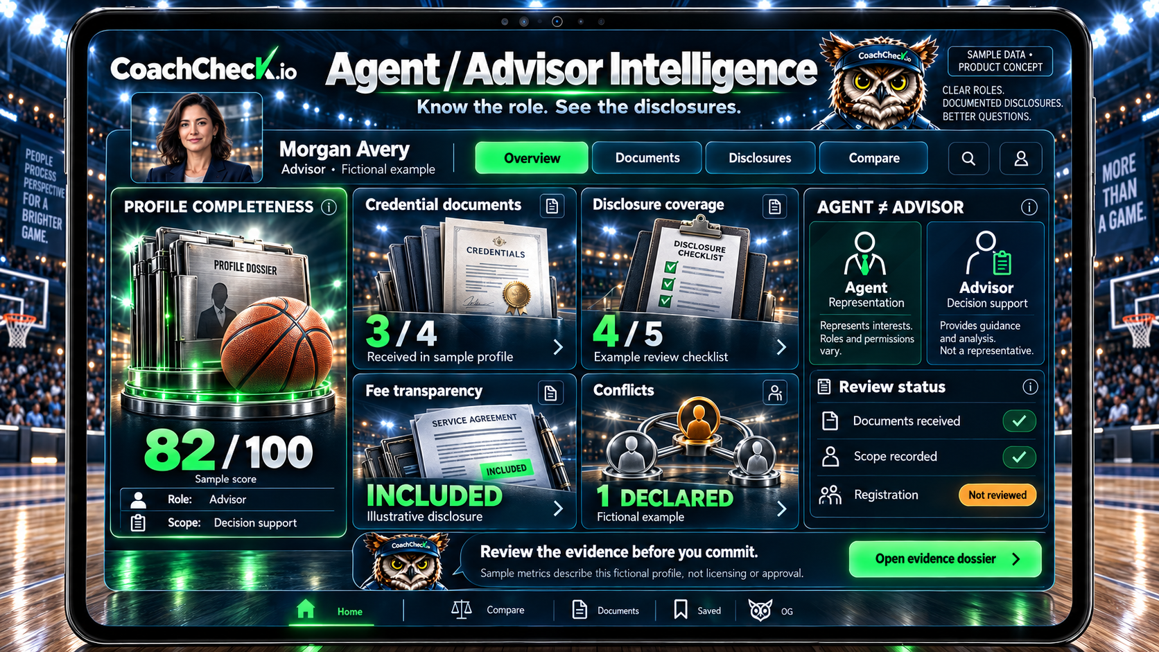 Agent and advisor concept showing credentials, disclosures, fees, scope, and review status. Illustrative planned product; sample or fictional data.