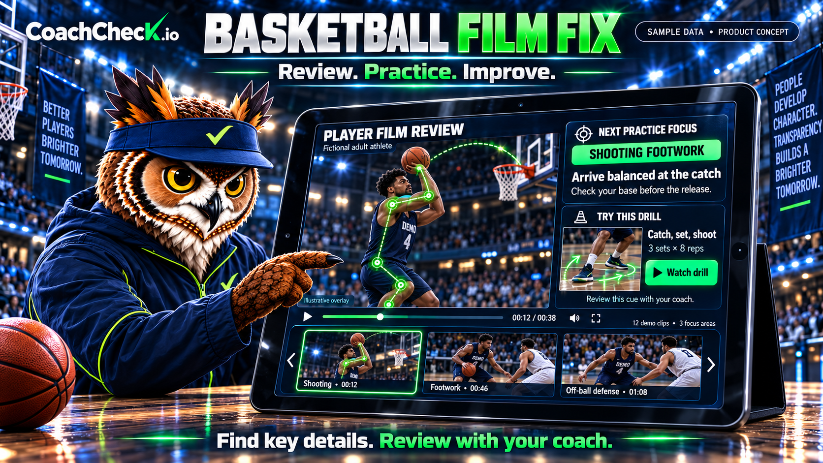 Basketball film review concept showing an illustrative shooting overlay and practice focus. Illustrative planned product; sample or fictional data.