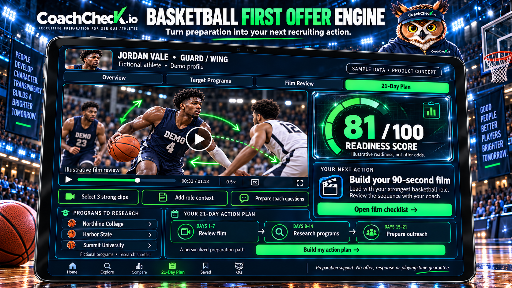 Recruiting preparation concept showing film review, program research, and a 21-day action plan. Illustrative planned product; sample or fictional data.