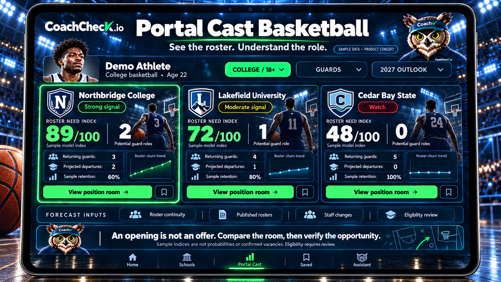 Transfer research concept comparing fictional college guard rooms and illustrative roster needs. Illustrative planned product; sample or fictional data.
